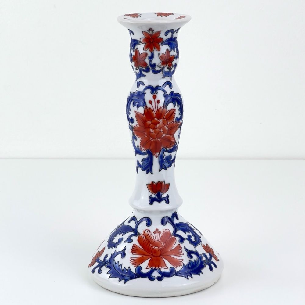 Asian Style Candleholder 8.5" Blue Leaves Red/Orange Flowers on White